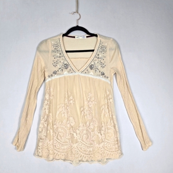 Jolt Tops - Babydoll Y2K Cream Lace Top Whimsy Sheer Lace Silver Metallic Trim Jolt Size XS
